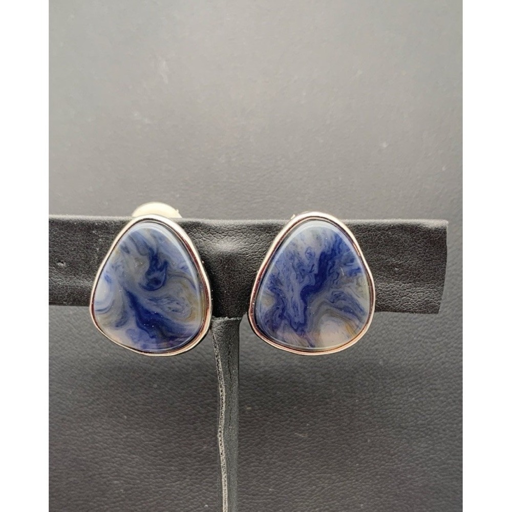 Silver Tone And Blue Swirl Clip On Earrings - Picture 1 of 4